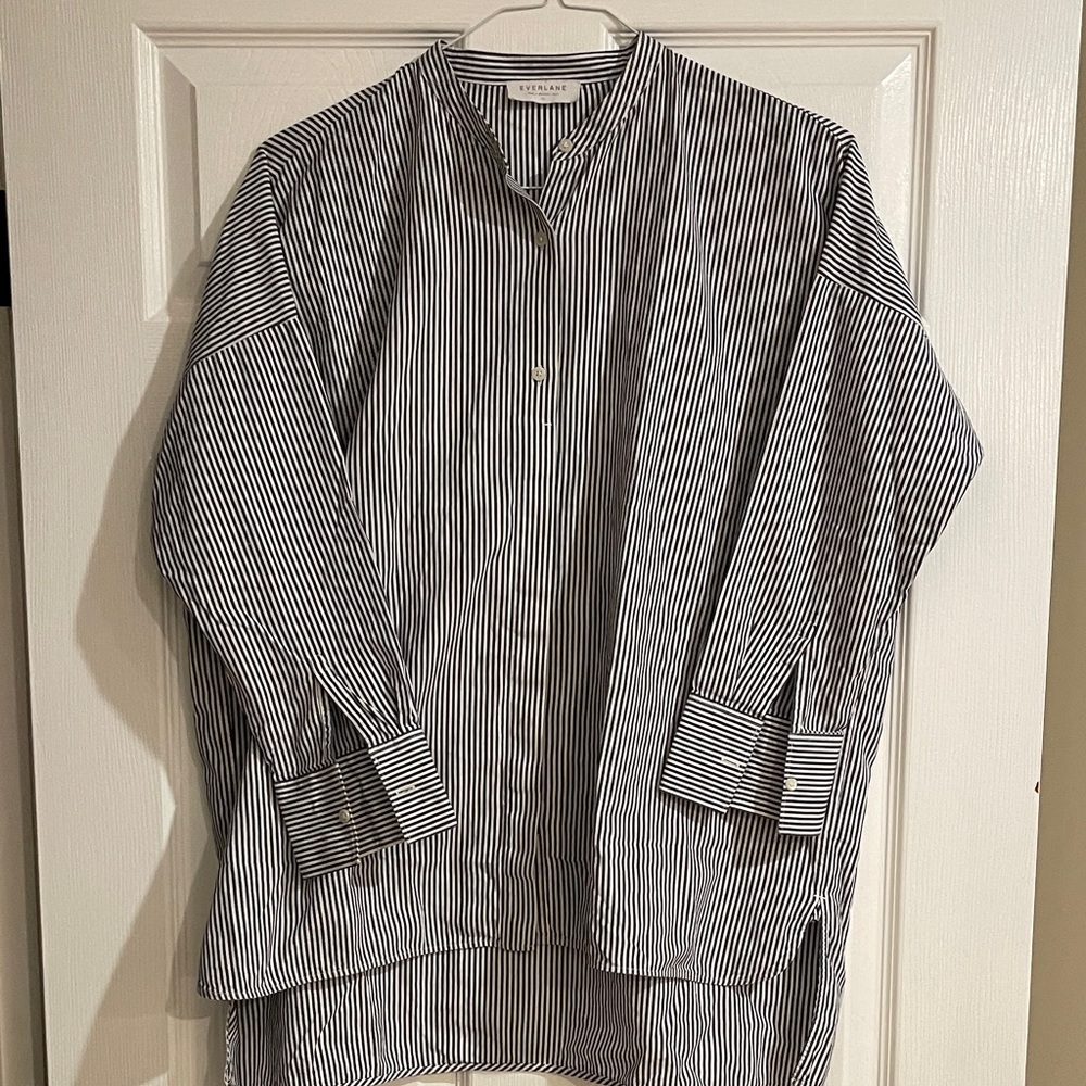 Everlane Black & White Vertical Stripe Band-Collar Button-Down